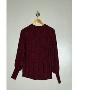 NA-KD Burgundy Cable Knit Balloon Sleeve Mock Neck Sweater Womens Small Wine